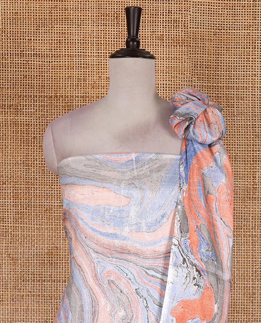 Orange semi-jute cotton material churidar set, abstract marble print top, abstract marble print bottom, and abstract marble print dupatta