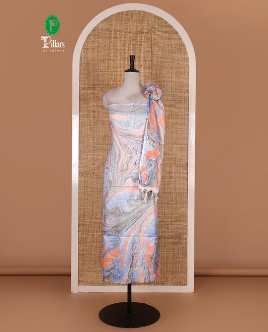 Orange semi-jute cotton material churidar set, abstract marble print top, abstract marble print bottom, and abstract marble print dupatta