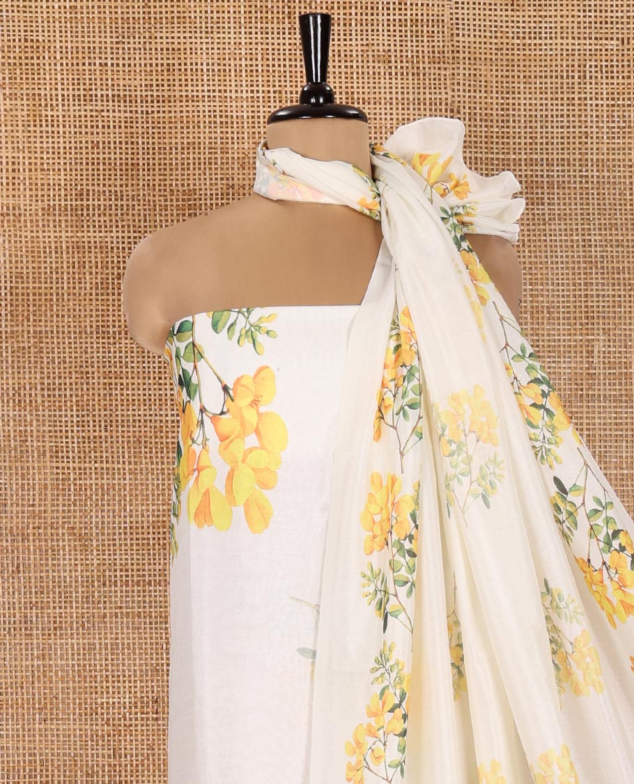 Cream Vishu Kani-Themed Material Chudidhar Set Featuring Kanikkonna Flower Printed on Semi-Silk Top, Plain Santoon Bottom, and Semi-Silk Ikkat Kanikkonna Flower Printed Dupatta