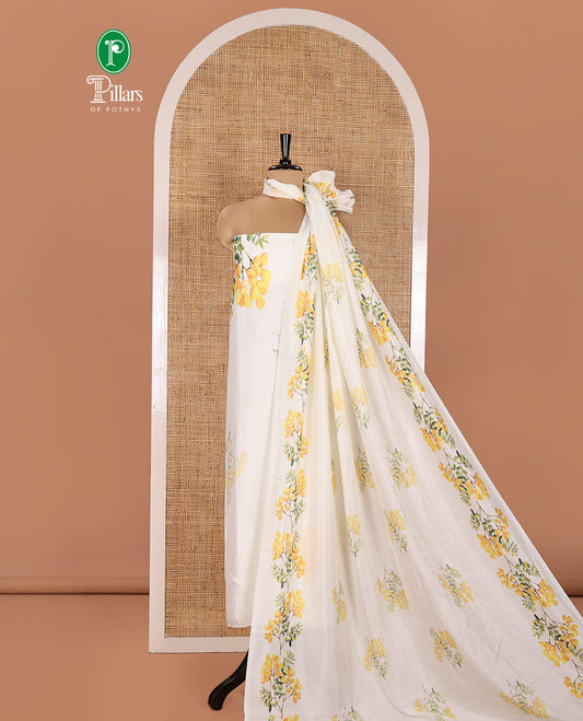Cream Vishu Kani-Themed Material Chudidhar Set Featuring Kanikkonna Flower Printed on Semi-Silk Top, Plain Santoon Bottom, and Semi-Silk Ikkat Kanikkonna Flower Printed Dupatta