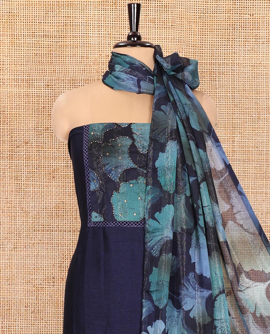 Blue Material Churidar Set, Elevated with Floral Printed Patch Embroidery Vichitra Silk Top, Comes with a Plain Santoon Bottom, and a Floral Printed Shimmer Georgette Dupatta