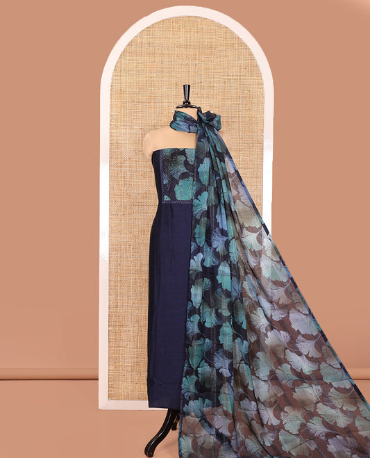 Blue Material Churidar Set, Elevated with Floral Printed Patch Embroidery Vichitra Silk Top, Comes with a Plain Santoon Bottom, and a Floral Printed Shimmer Georgette Dupatta