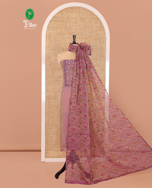 Lavender Material Churidar Set, Gleamed Up with Stone Work and Floral Print on Nc Moss Organza Top, Comes with a Plain Santoon Bottom, and Is Paired with a Nc Moss Dupatta of Floral Print and Stone Work