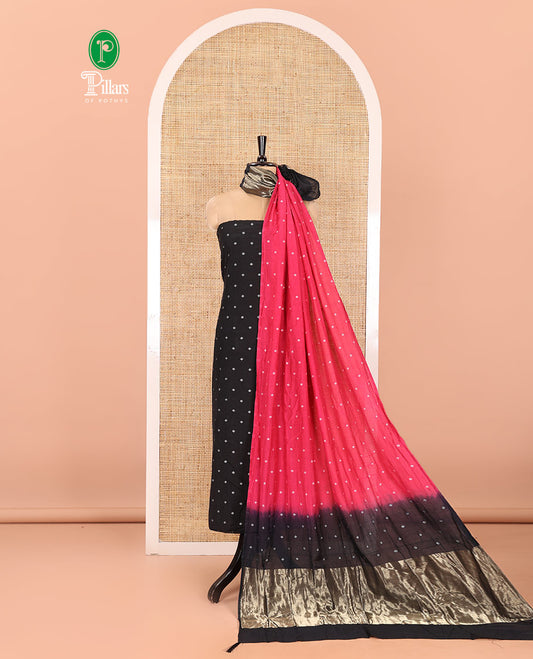 Black and Pink Semi-Silk Material Churidar Set, Decked Up with Bandhani Dots Print, Comes with a Plain Santoon Bottom, and Paired with a Double-Colored Dupatta of Bandhani Dots Print