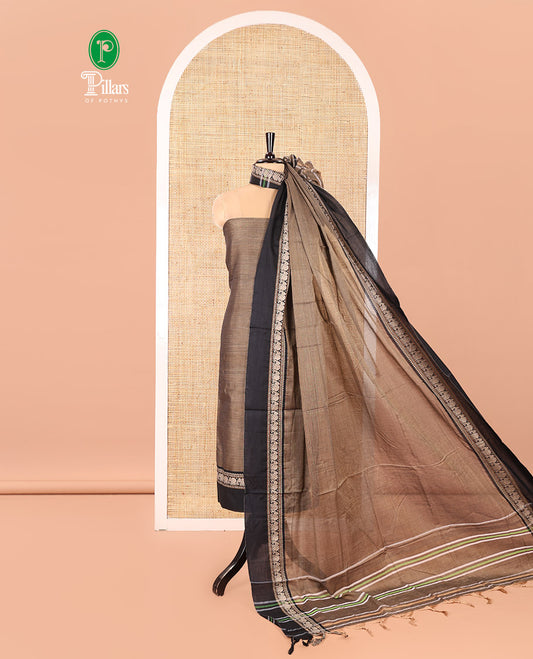 Chikku Mercerised Cotton Material Churidar Set, Subtly Woven Plain with Contrast Traditional Elephant Motif Bordered Top, a Plain Santoon Bottom, and Paired with a Mercerised Cotton Dupatta