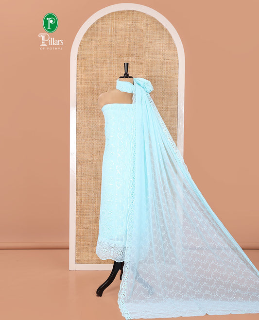 Sea Green Georgette Material Chudidar Set, Adorned with Cut Work and Sequins Embroidered Top, a Plain American Crepe Bottom, and Comes with a  Embroidered Georgette Scallop Dupatta