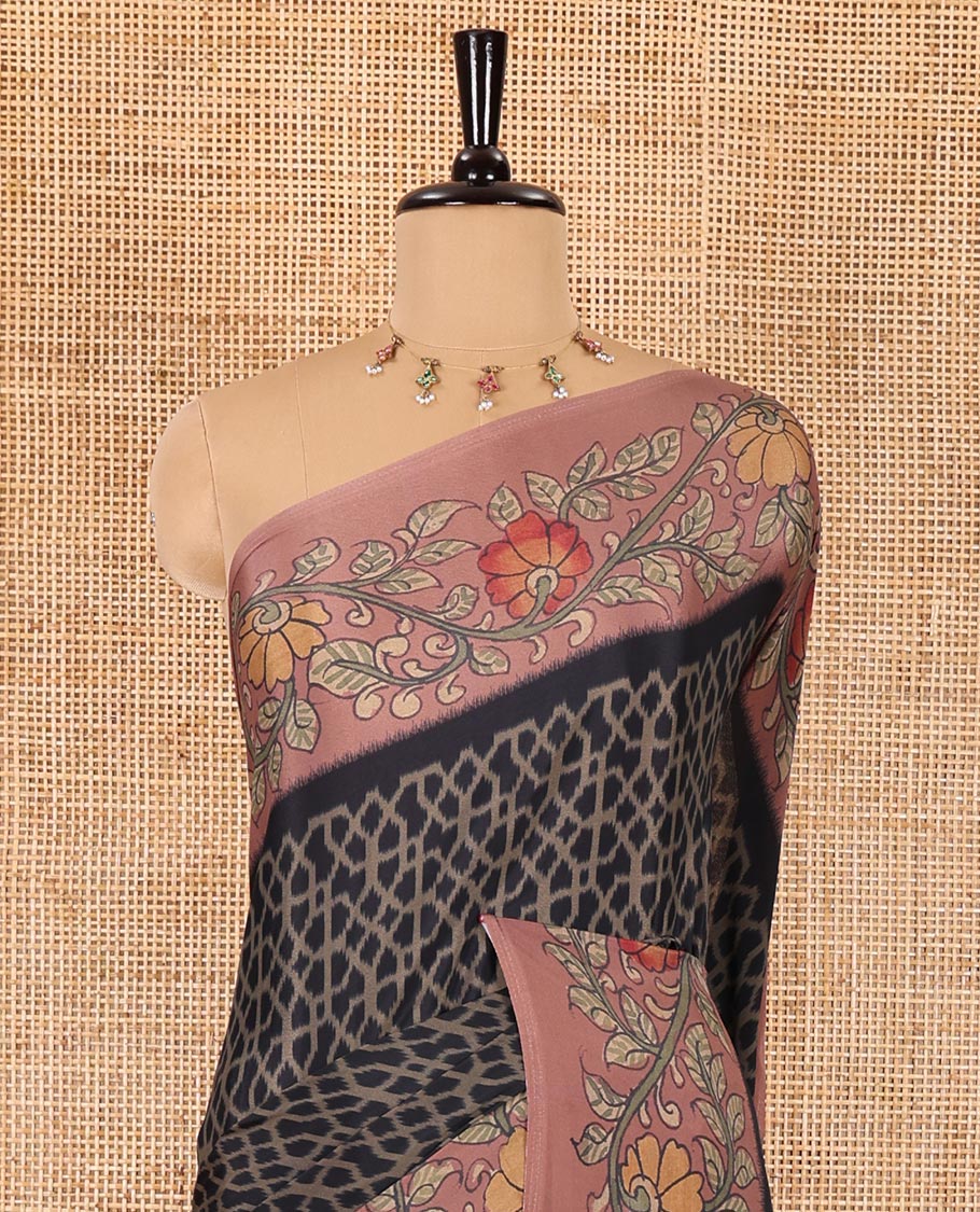 Black Abstract printed Italian crepe saree, contrast kalamkari floral vine printed border, kalamkari printed pallu, and kalamkari printed blouse