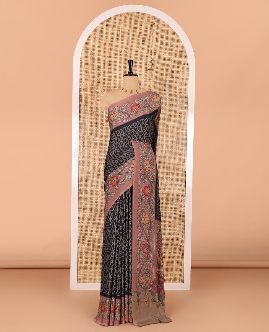 Black Abstract printed Italian crepe saree, contrast kalamkari floral vine printed border, kalamkari printed pallu, and kalamkari printed blouse