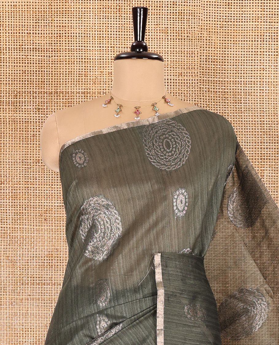 Borderless green neem zari circle motifs fancy tussar saree with contrast diamond-patterned zari-rich pallu, and a contrast striped blouse