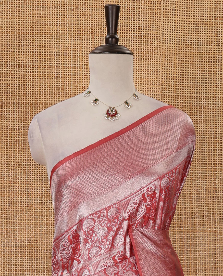 Onion pink floral & elephant jacquard softy saree, diamond design zari border, intricate pallu & matching jacquard blouse