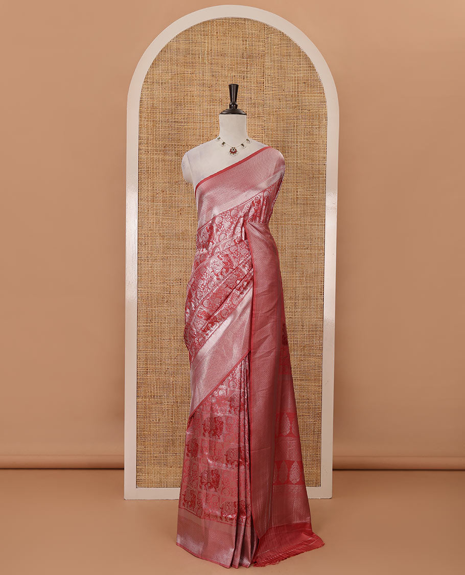 Onion pink floral & elephant jacquard softy saree, diamond design zari border, intricate pallu & matching jacquard blouse