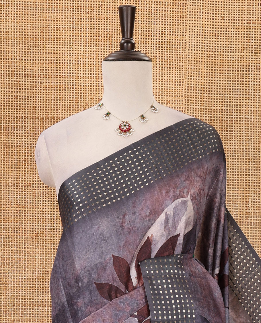 Grey floral-leaf eco-digital printed fancy tussar saree, zari border, pallu of dobby-style buttas & matching blouse of print & zari work