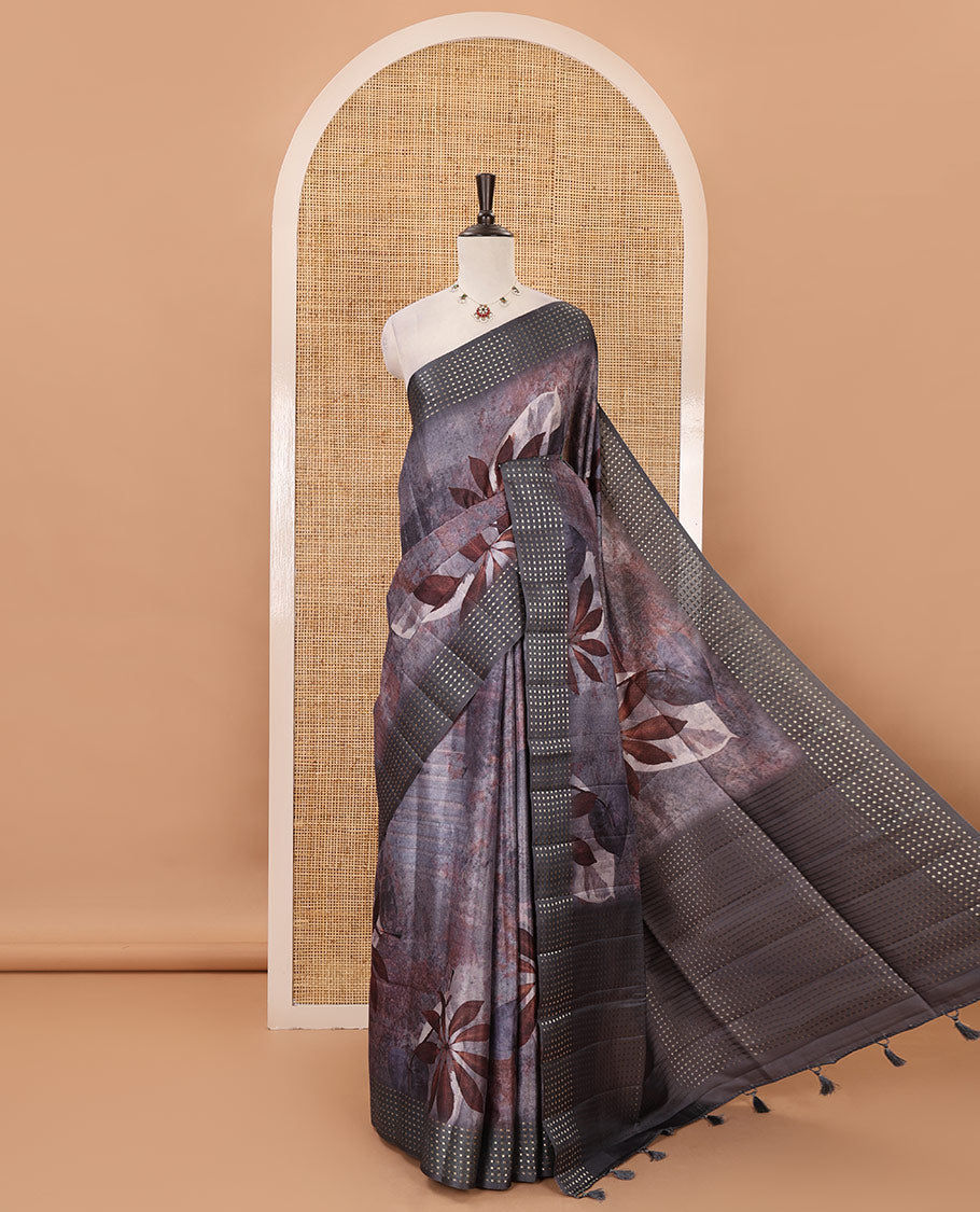 Grey floral-leaf eco-digital printed fancy tussar saree, zari border, pallu of dobby-style buttas & matching blouse of print & zari work