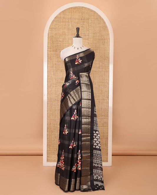 Black zari striped & floral digital printed fancy tussar silk saree traditional zari border, geometric printed pallu & discharge printed blouse
