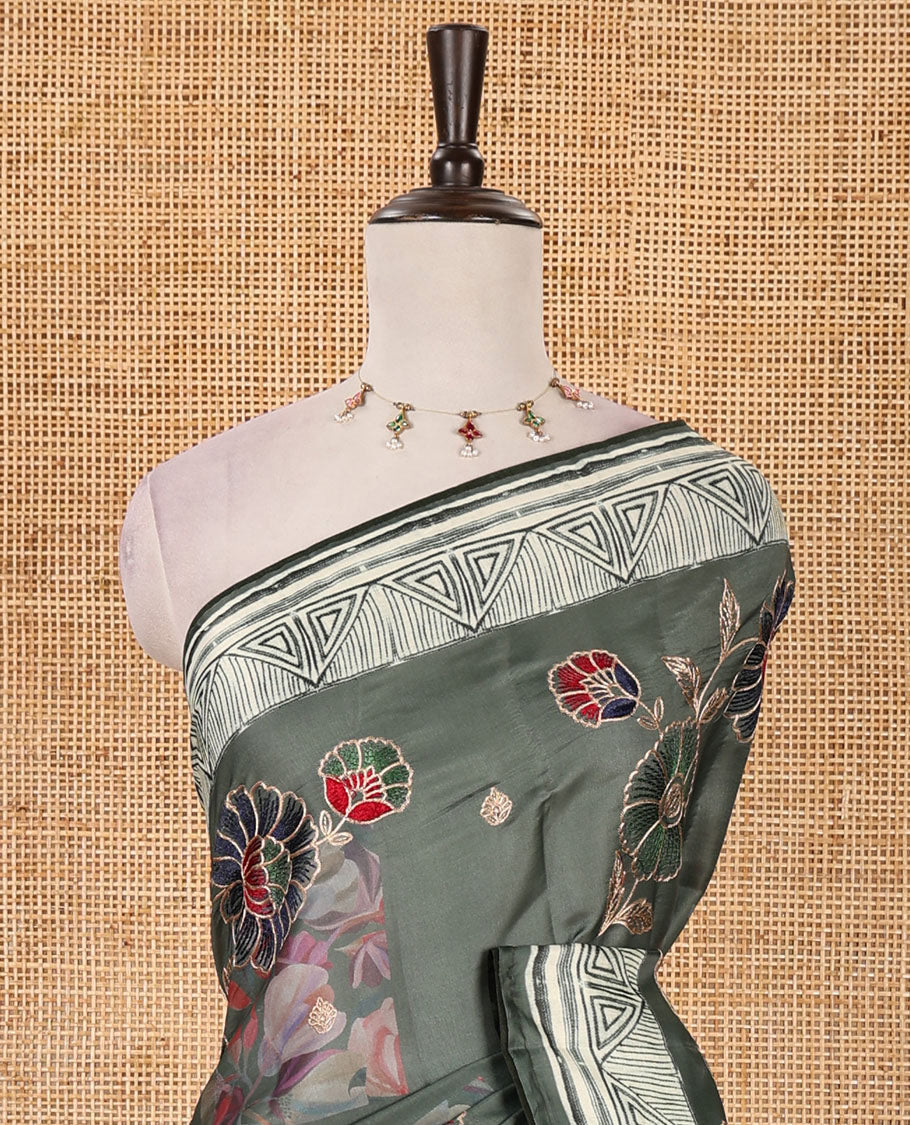 Olive green floral print & multi-color floral thread embroidered fancy tussar silk saree, triangle motif print & embroidered border & matching blouse of print & embroidery