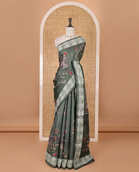 Olive green floral print & multi-color floral thread embroidered fancy tussar silk saree, triangle motif print & embroidered border & matching blouse of print & embroidery