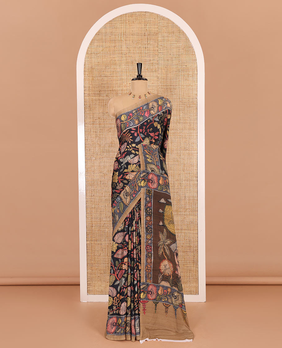 Black kalamkari floral vine printed Italian crepe saree, contrast kalamkari floral creeper printed border, pallu of Pichwai and kalamkari print, and a plain blouse