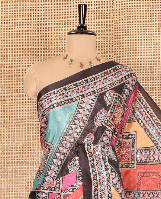 Black kaleidoscopic-colored intricate motifs printed with mirror work masakali saree, printed border, printed pallu, and a matching blouse