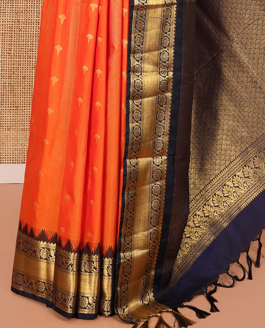 Orange Kanchipuram Budget Silk Saree, Finely Detailed with Zari Designs All Over Its Body, Complemented by a Contrast Temple Border of Floral Creeper Designs, Majestically Detailed Pallu, and Paired with a Contrast Blouse