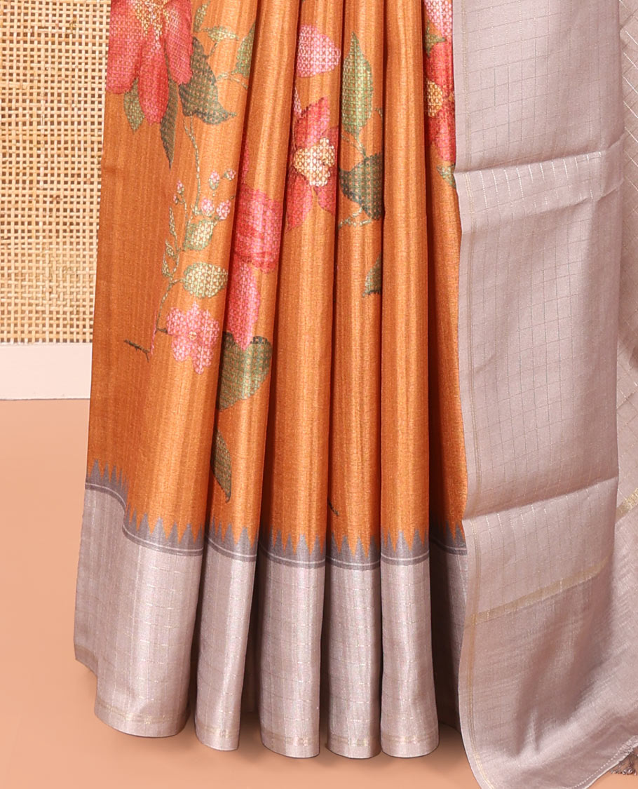 Mustard Fancy Tussar Silk Saree, Elevated with Floral Cross Stitch Embroidery All Over Its Body, Complemented by a Contrast Temple Zari Checked Border, Pallu of Checked Designs, and Paired with a Contrast Blouse