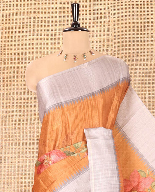 Mustard Fancy Tussar Silk Saree, Elevated with Floral Cross Stitch Embroidery All Over Its Body, Complemented by a Contrast Temple Zari Checked Border, Pallu of Checked Designs, and Paired with a Contrast Blouse