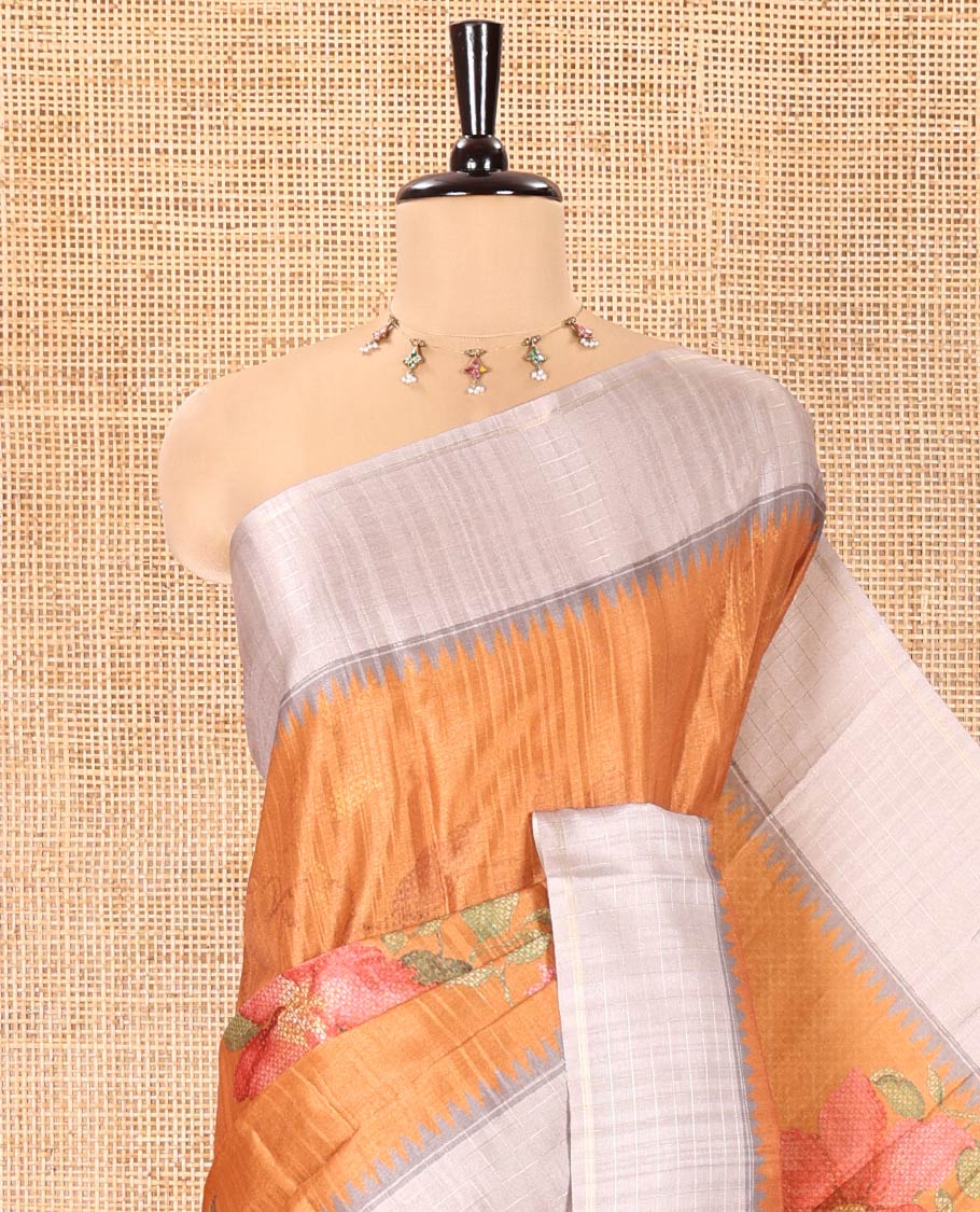 Mustard Fancy Tussar Silk Saree, Elevated with Floral Cross Stitch Embroidery All Over Its Body, Complemented by a Contrast Temple Zari Checked Border, Pallu of Checked Designs, and Paired with a Contrast Blouse