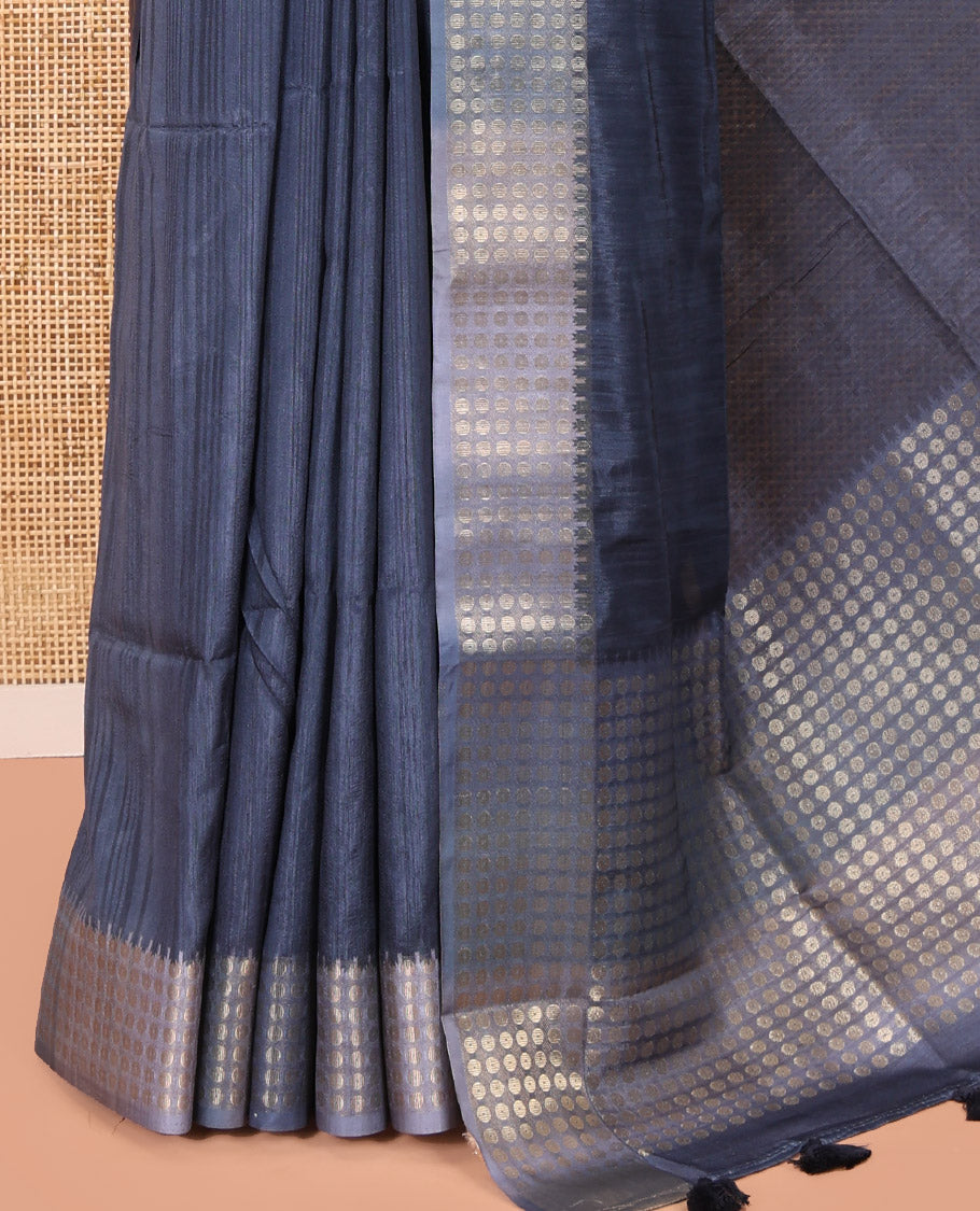 Navy Plain Matka Silk Fancy Saree , Small Polka Dots Woven Temple contrast Border, Pallu Steeped with Polka Dots, and Paired with a Patola-Style Floral Printed Blouse
