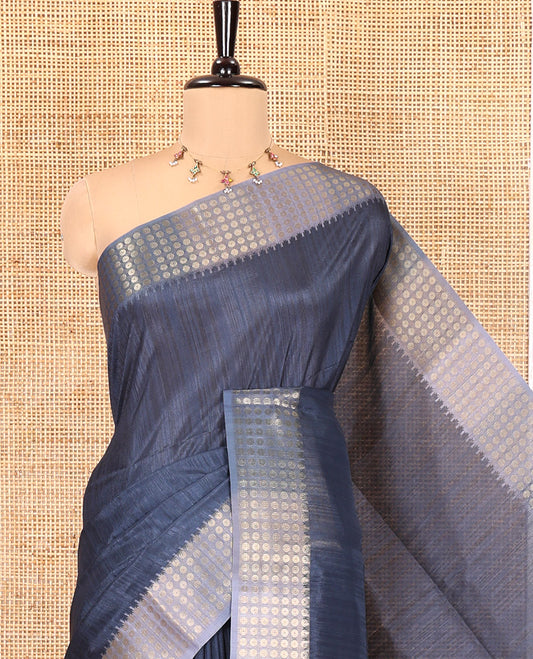 Navy Plain Matka Silk Fancy Saree , Small Polka Dots Woven Temple contrast Border, Pallu Steeped with Polka Dots, and Paired with a Patola-Style Floral Printed Blouse