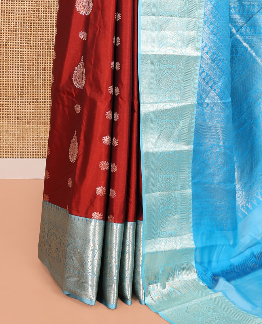 Maroon and Light Blue Budget Silk Saree, Zari Buttas All Over Its Body, With Contrast Traditional Zari Border of Paisley Designs, Grand Pallu, and Paired with a Contrast Blouse