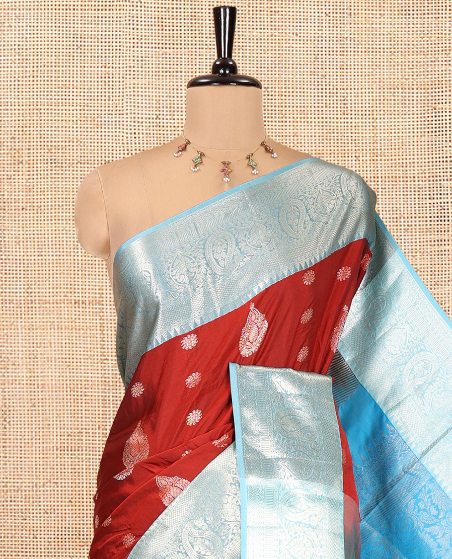 Maroon and Light Blue Budget Silk Saree, Zari Buttas All Over Its Body, With Contrast Traditional Zari Border of Paisley Designs, Grand Pallu, and Paired with a Contrast Blouse