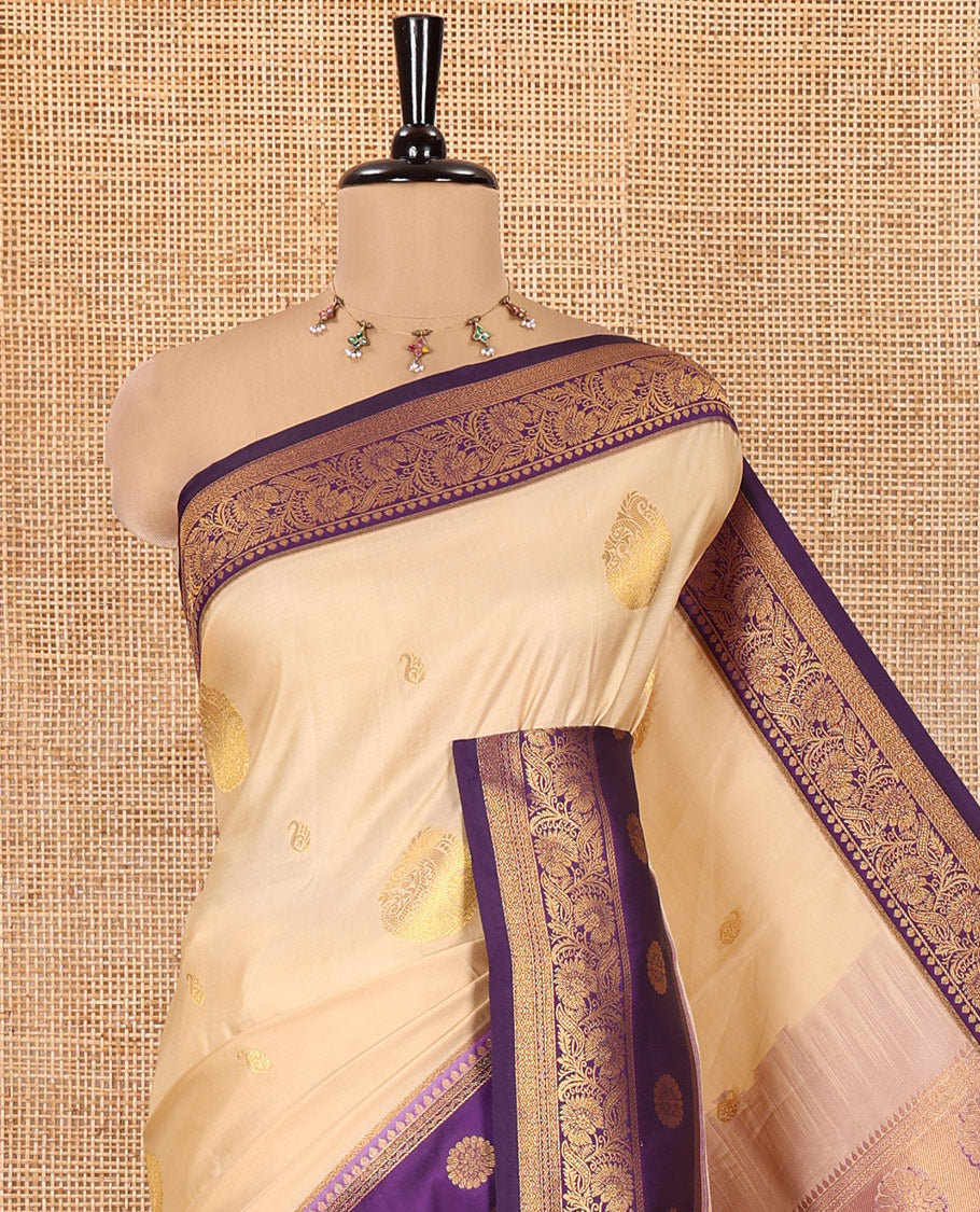 Beige Art Silk Saree, Entralled with Zari Buttas, a Contrast Traditional Zari Border, Grand Pallu and a Contrast Blouse