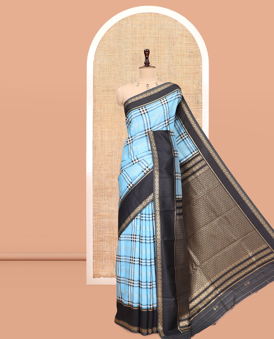Sky Blue Budget Silk Saree, Adorned with Burberry-Style Checks, a Contrast Rettai Pettu Border, Intricate Pallu, and a Contrast Blouse