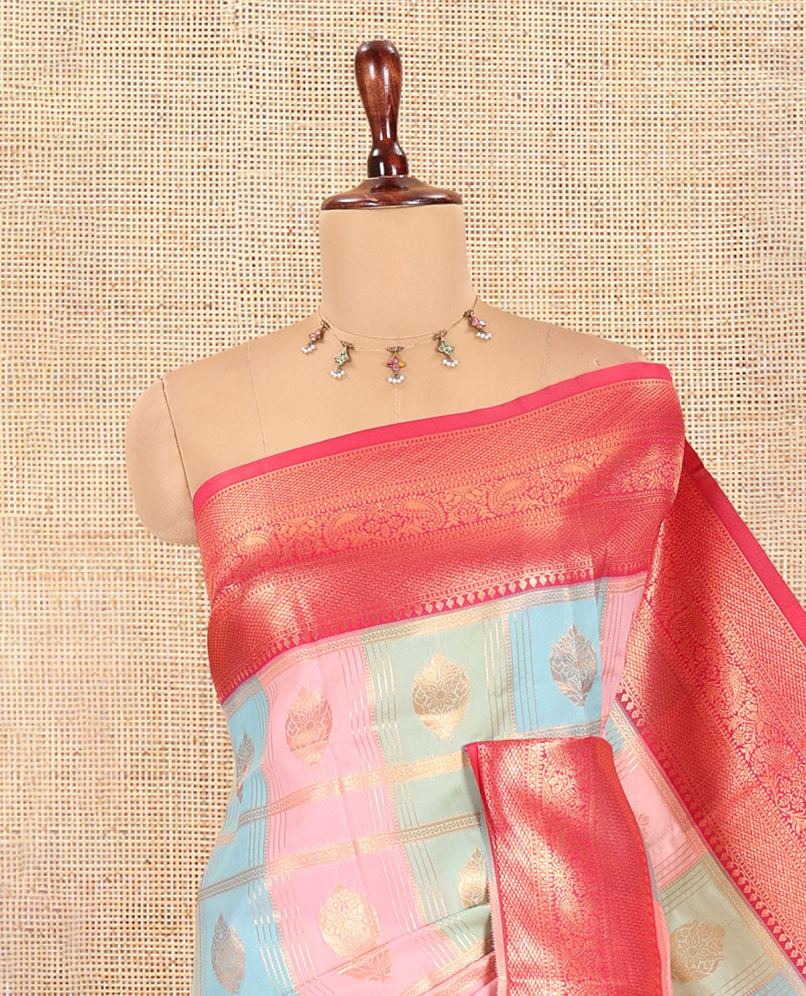 Multi-Color Zari Butta Enclosed Checks Litchi Saree, Graced with Contrast Traditional Border and Blouse
