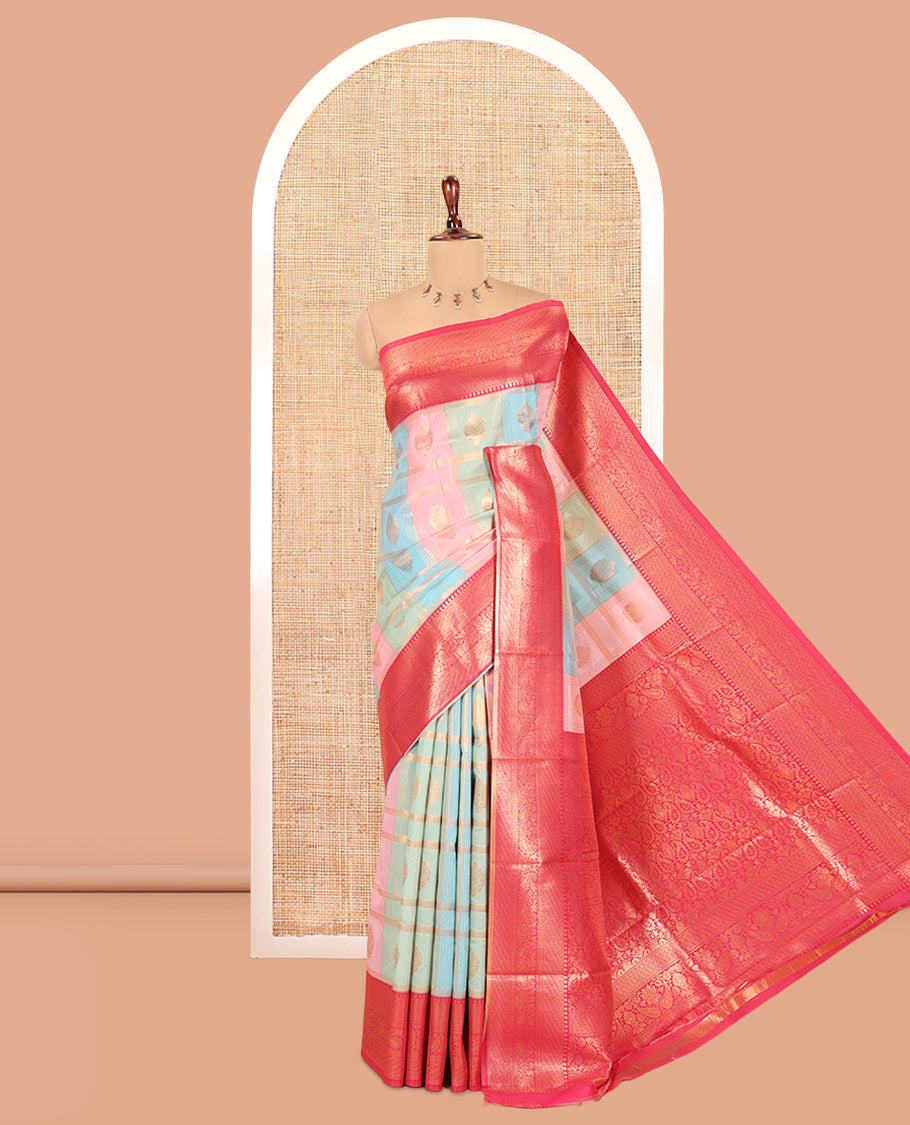 Multi-Color Zari Butta Enclosed Checks Litchi Saree, Graced with Contrast Traditional Border and Blouse