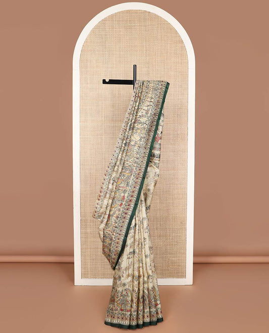 Cream madhubani style printed silk saree with contrast border