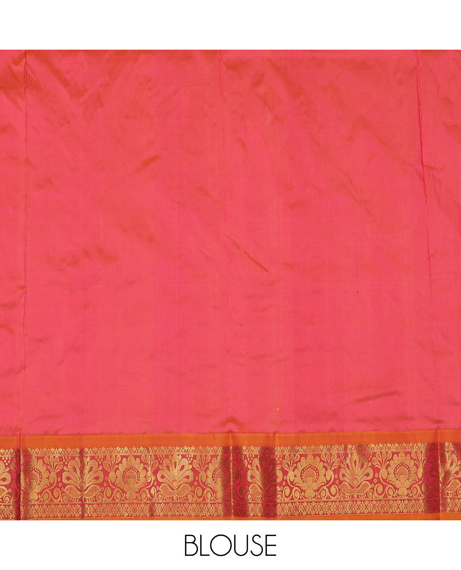 Rani Pink Pure Silk Half-Saree Embellished with Zari Designs on the Skirt, Complemented by a Contrast Zari-Design Border, Paired with a Contrast Blouse, and Featuring a Jaal-Designed Dhavani