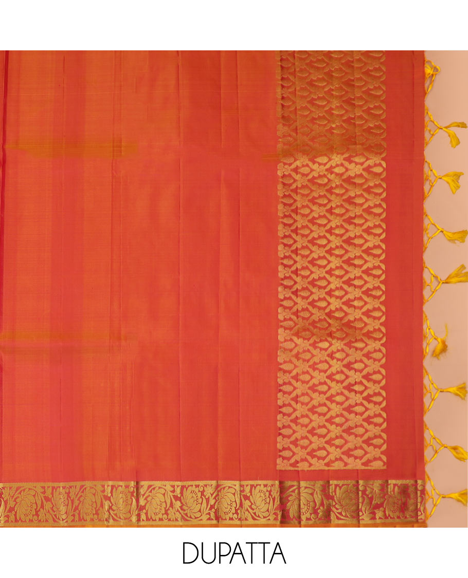 Rani Pink Pure Silk Half-Saree Embellished with Zari Designs on the Skirt, Complemented by a Contrast Zari-Design Border, Paired with a Contrast Blouse, and Featuring a Jaal-Designed Dhavani