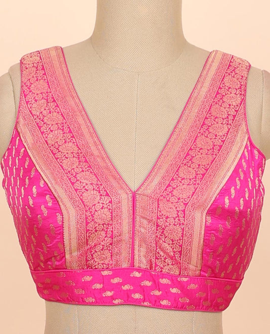 Pink intricate floral zari design front & back deep v-neck raw-silk readymade sleeveless blouse