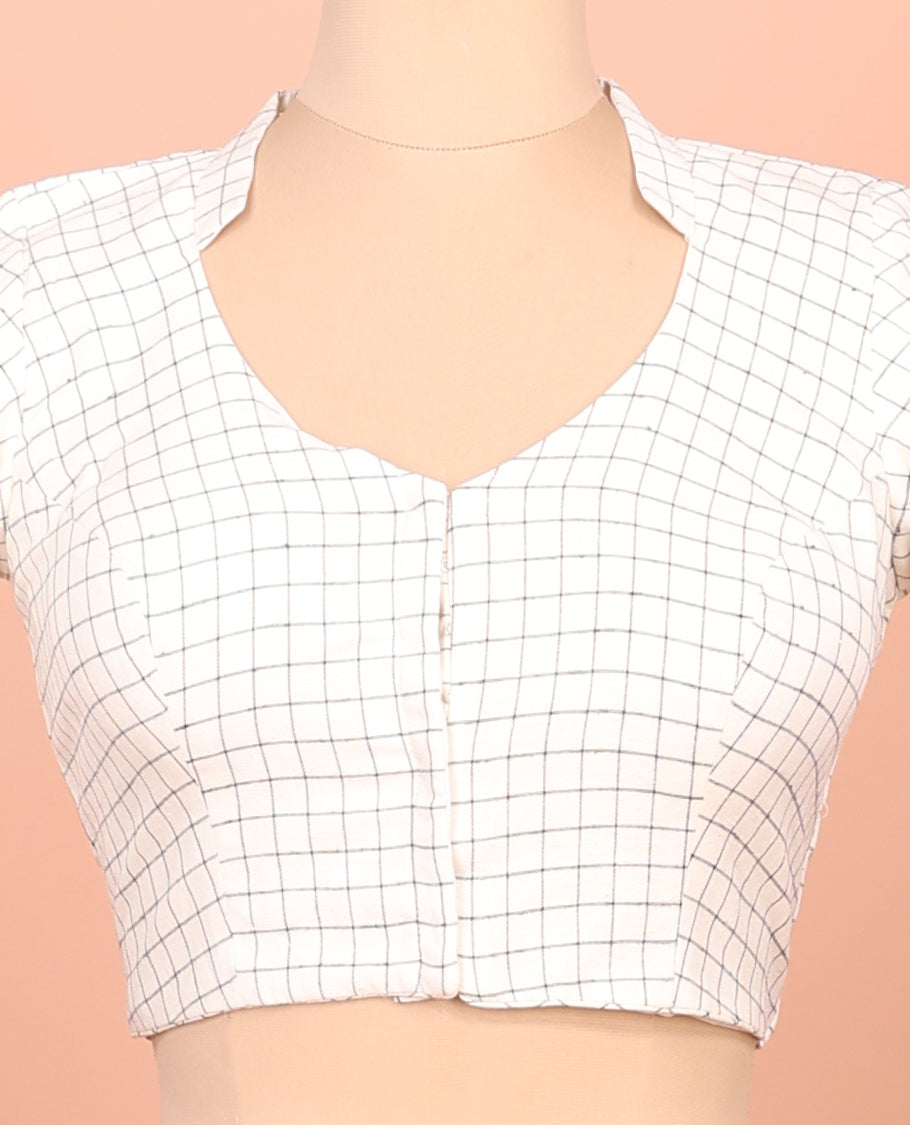 Cream Readymade Blouse, Subtly Sparkled with Checks, Featuring a Front Leaf-Neck, Back Collared-Neck, and Elbow Sleeves