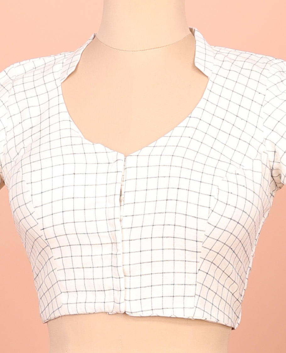 Cream Readymade Blouse, Subtly Sparkled with Checks, Featuring a Front Leaf-Neck, Back Collared-Neck, and Elbow Sleeves