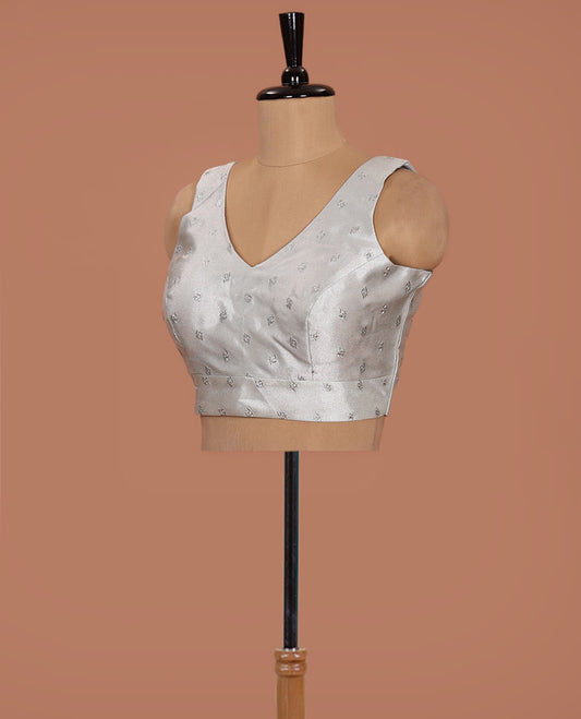 Sliver embroidered buttas front-back V-neck sleeveless readymade blouse