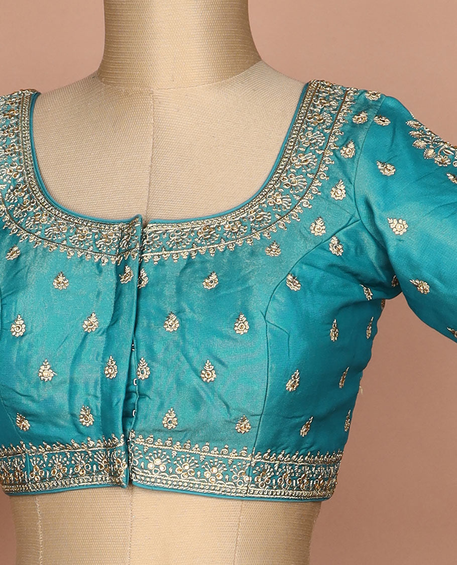 Blue thread embroidered round neck elbow sleeve raw silk readymade blouse