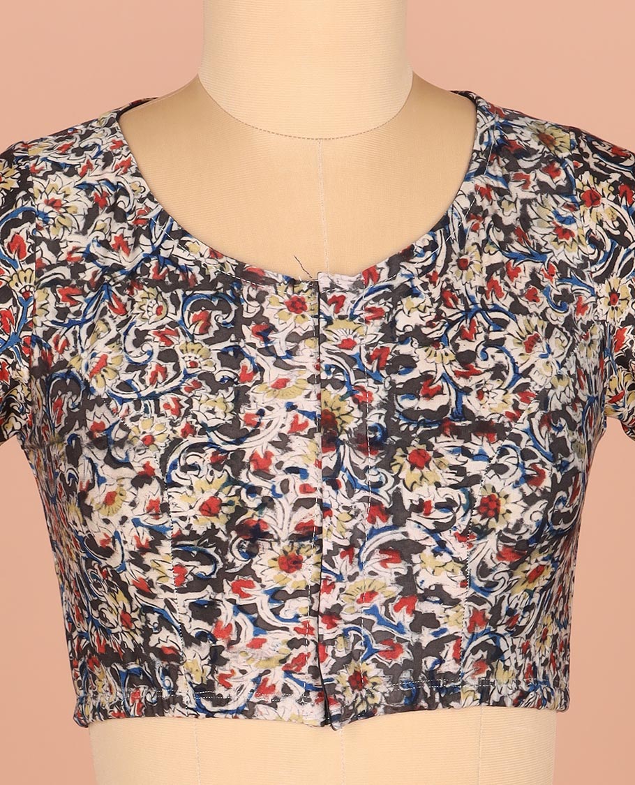 Black Base Readymade Blouse Adorned with Floral Vine Prints, Featuring a Front Round-Neck, a Back Closed Neck, and Elbow Sleeves