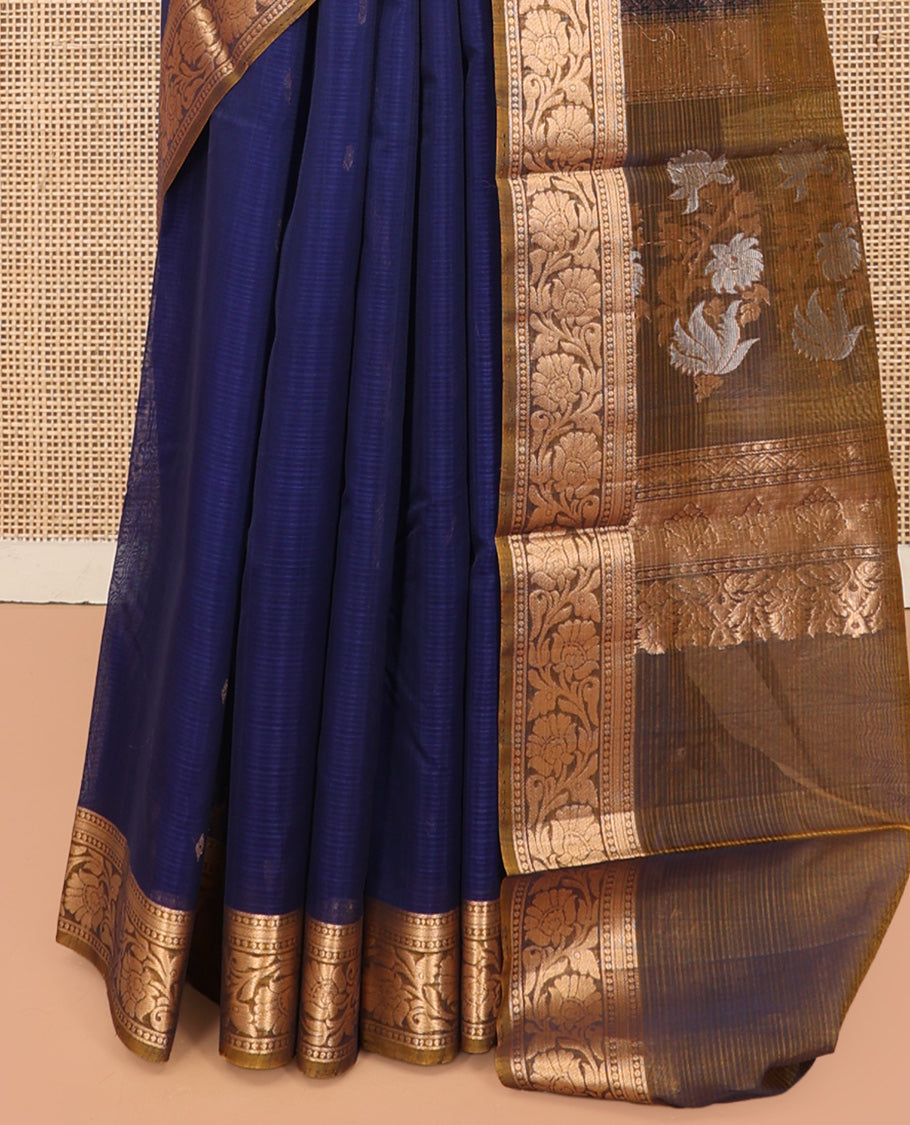 Blue Silk Cotton Saree, Finely Crafted with Zari Buttas, a Contrast Floral Creeper Border, Floral Pallu, and a Contrast Blouse