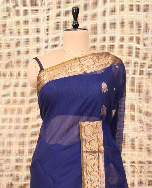 Blue Silk Cotton Saree, Finely Crafted with Zari Buttas, a Contrast Floral Creeper Border, Floral Pallu, and a Contrast Blouse