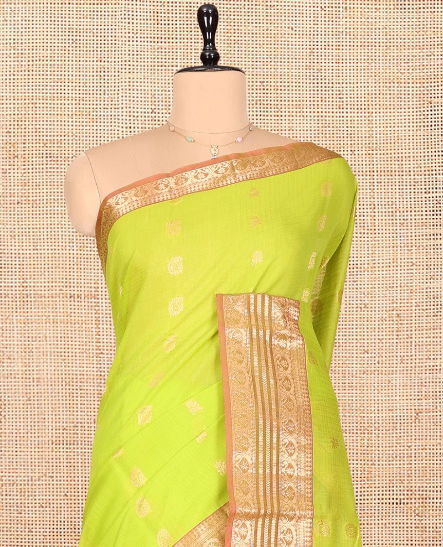 Green Silk Cotton Saree, Delicately Woven with Buttas, a Contrast Traditional Zari Design Border, Pallu of Intricate Designs, and Contrast Blouse
