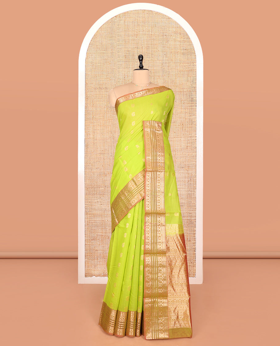 Green Silk Cotton Saree, Delicately Woven with Buttas, a Contrast Traditional Zari Design Border, Pallu of Intricate Designs, and Contrast Blouse