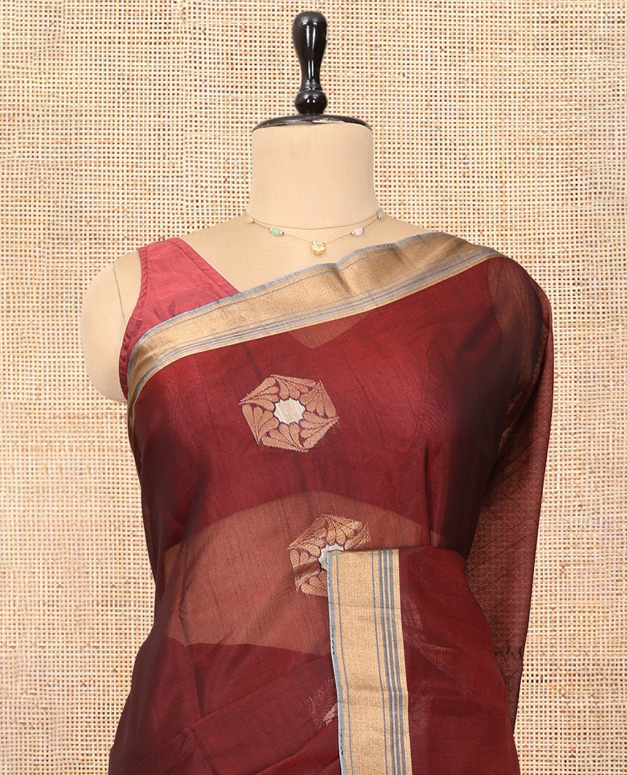 Maroon Cotton Saree, Detailed with Hexagon Zari Buttas, a Contrast Zari Butta Border, an Intricate Pallu and a Contrast Blouse