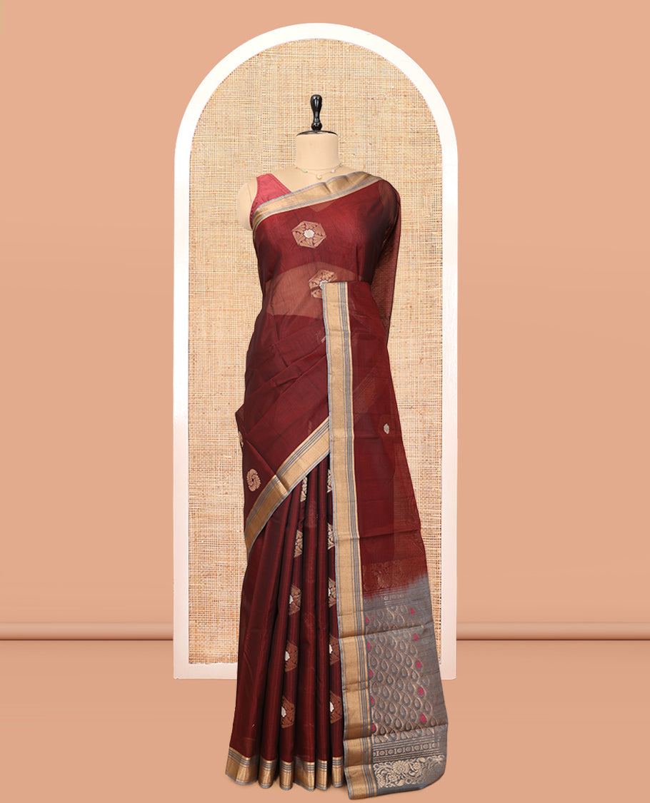 Maroon Cotton Saree, Detailed with Hexagon Zari Buttas, a Contrast Zari Butta Border, an Intricate Pallu and a Contrast Blouse