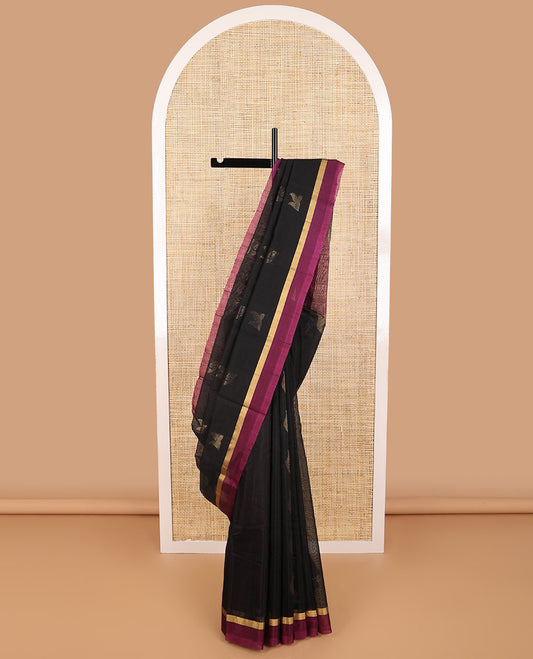 Black motifs silk cotton saree with contrast zari border & geometric design pallu